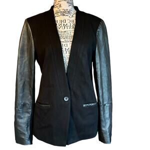 Madewell Size 8 Black Leather Trim Collarless Moto Blazer Jacket Business Casual